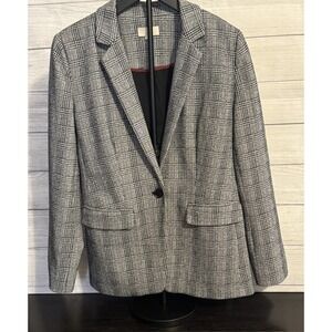 LOFT Black White Houndstooth Blazer Women's 12 Modern Jacket Faux Pockets